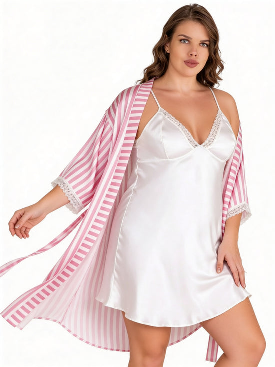 Plus Size White Satin Nightgown & Pink Striped Robe Set