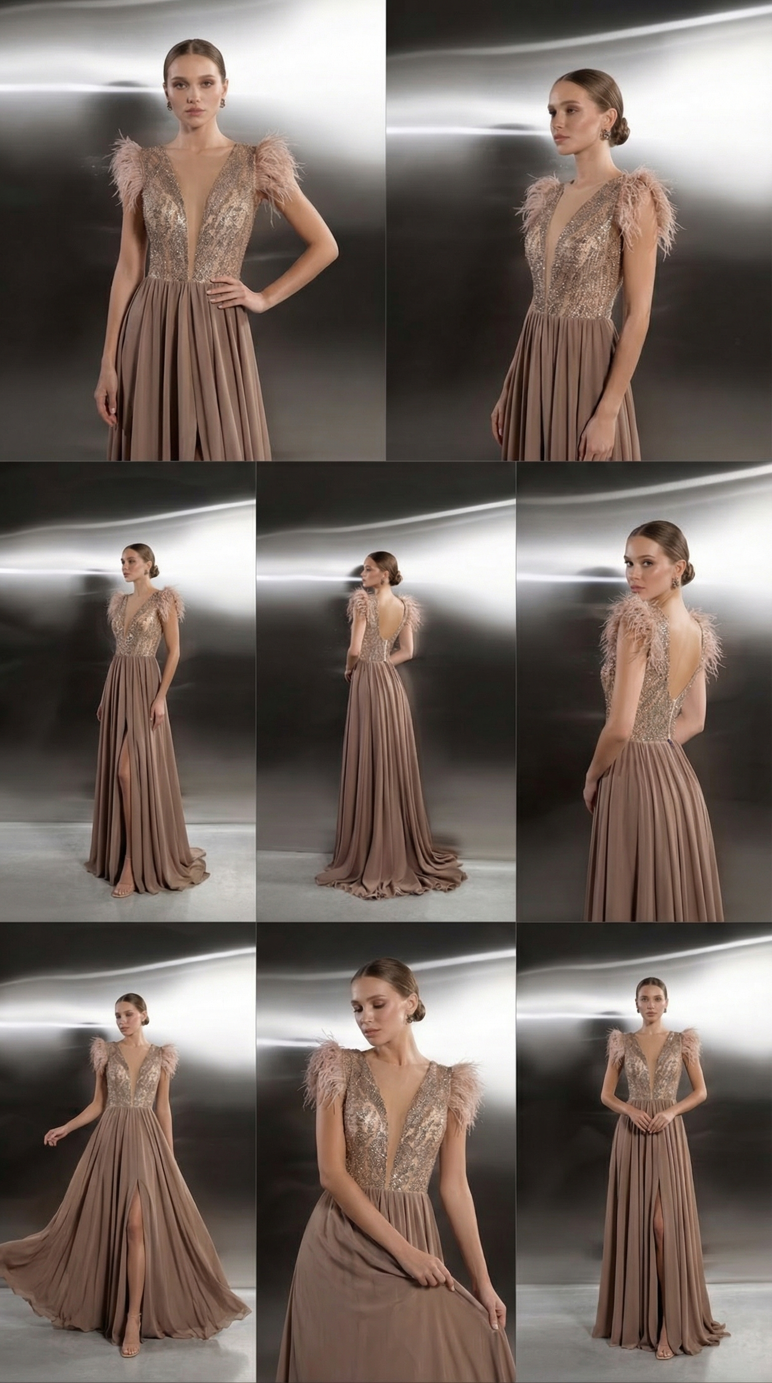 Champagne Feather Evening Gown