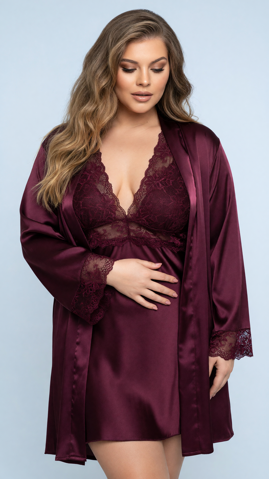 Plus Size Burgundy Satin Nightgown & Robe Set