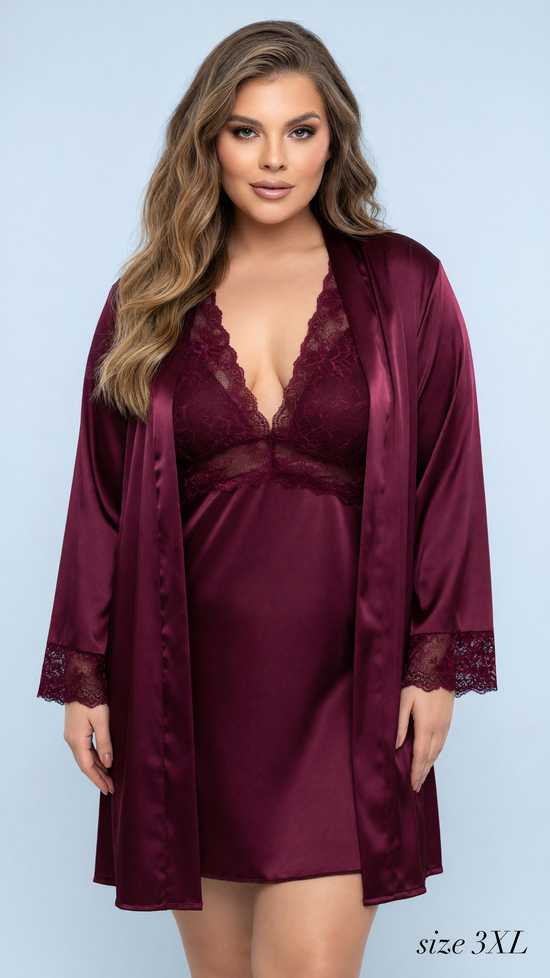 Plus Size Burgundy Satin Nightgown & Robe Set