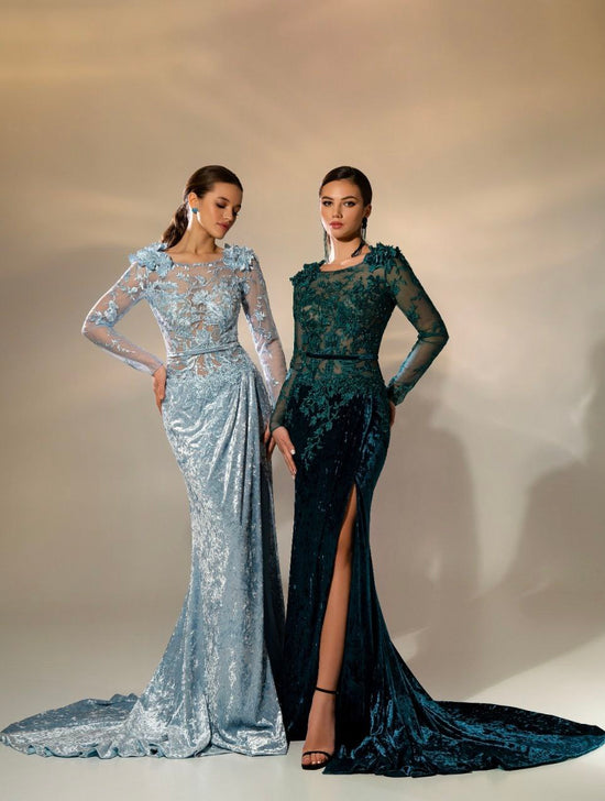 Emerald Velvet Lace Evening Gown